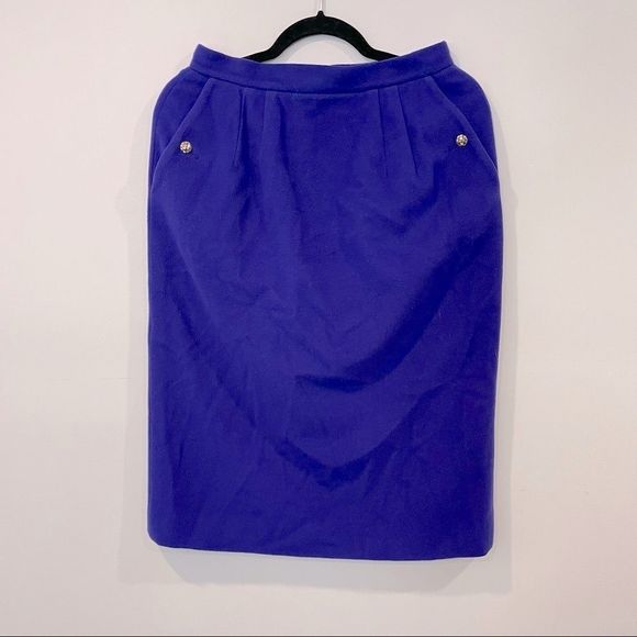 Vintage Royal Blue Cache D’or Pencil Skirt side pockets Wool Cashmere England - Picture 1 of 9